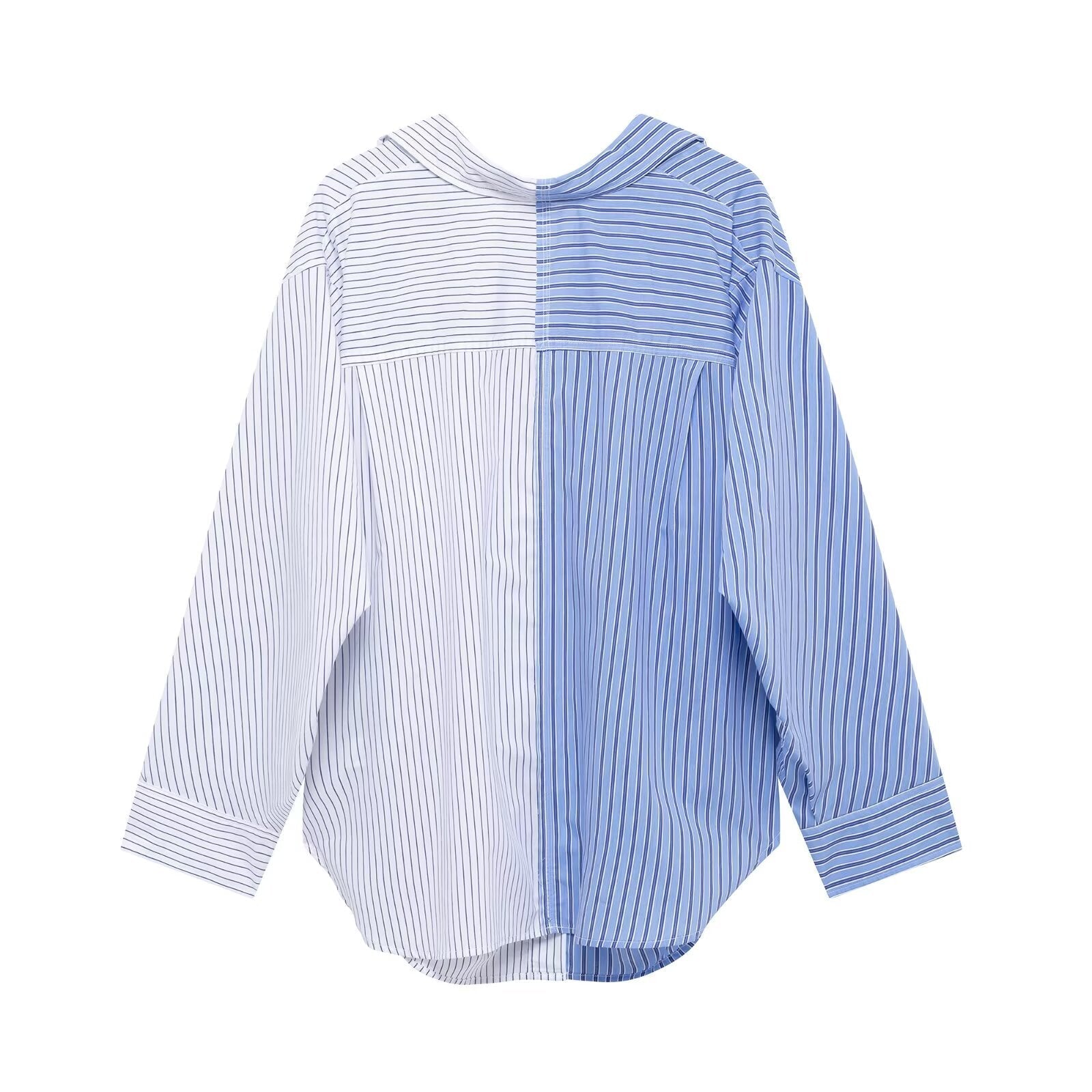 Women Clothing Patchwork Striped Poplin Loose Collared Long Sleeves Shirt Bella Mia