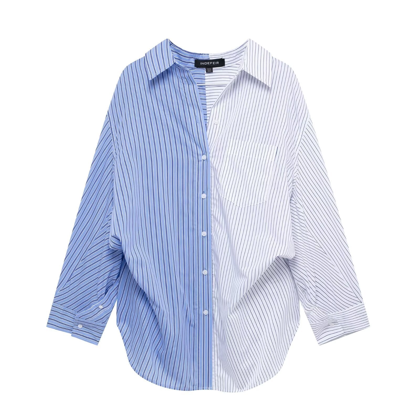 Women Clothing Patchwork Striped Poplin Loose Collared Long Sleeves Shirt Bella Mia