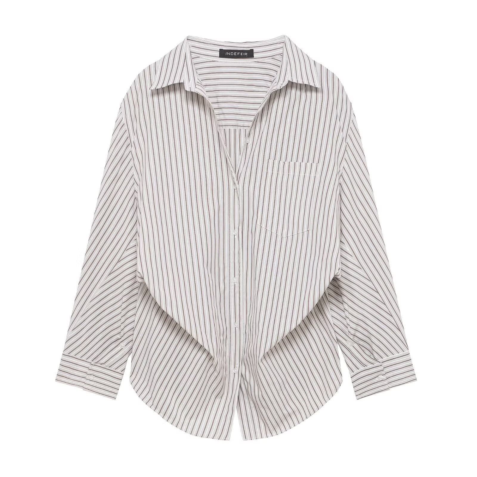 Women Clothing Patchwork Striped Poplin Loose Collared Long Sleeves Shirt Bella Mia