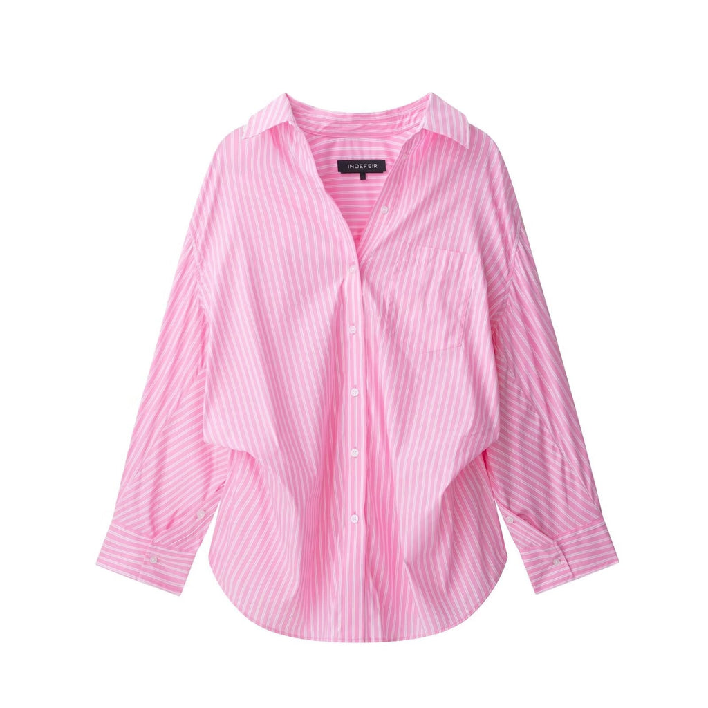 Women Clothing Patchwork Striped Poplin Loose Collared Long Sleeves Shirt Bella Mia