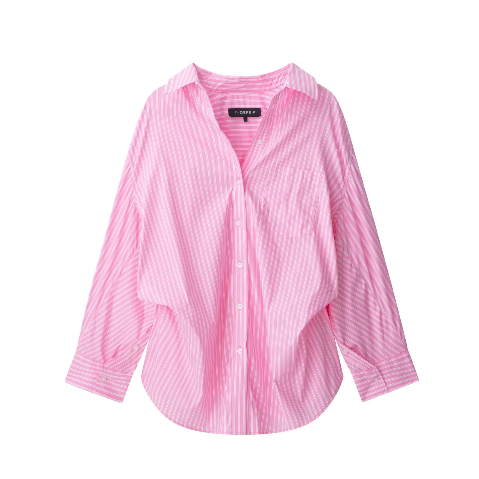 Women Clothing Patchwork Striped Poplin Loose Collared Long Sleeves Shirt Bella Mia
