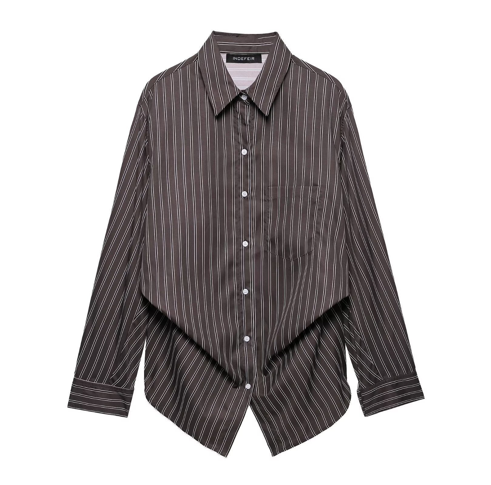 Women Clothing Patchwork Striped Poplin Loose Collared Long Sleeves Shirt Bella Mia