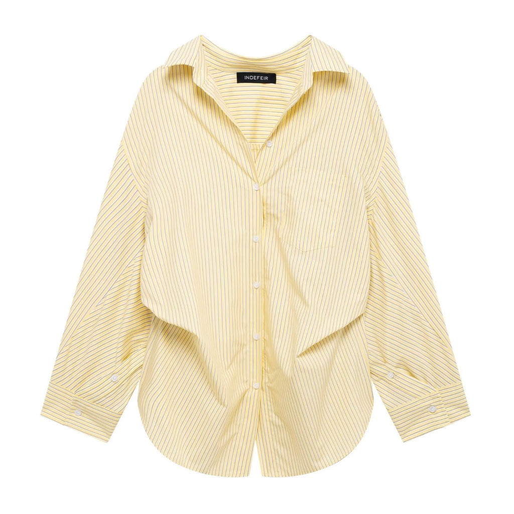 Women Clothing Patchwork Striped Poplin Loose Collared Long Sleeves Shirt Bella Mia