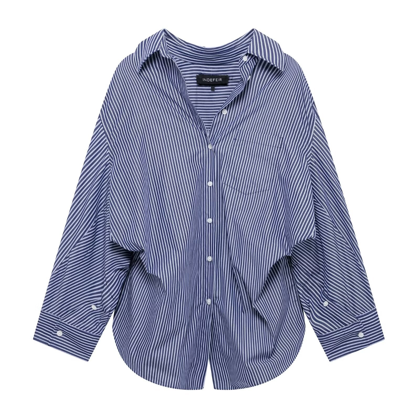 Women Clothing Patchwork Striped Poplin Loose Collared Long Sleeves Shirt Bella Mia