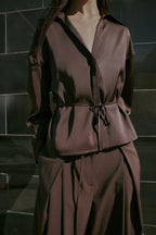 Women Clothing Summer All Matching with Belt Silk Satin Textured Shirt Bella Mia