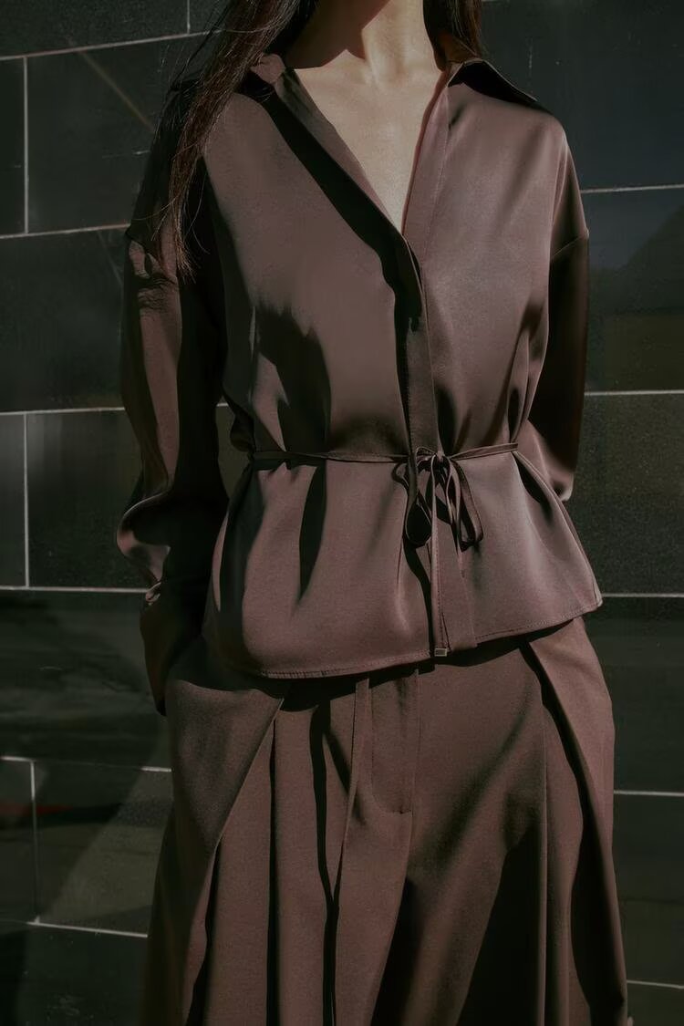 Women Clothing Summer All Matching with Belt Silk Satin Textured Shirt Bella Mia