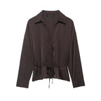 Women Clothing Summer All Matching with Belt Silk Satin Textured Shirt Bella Mia