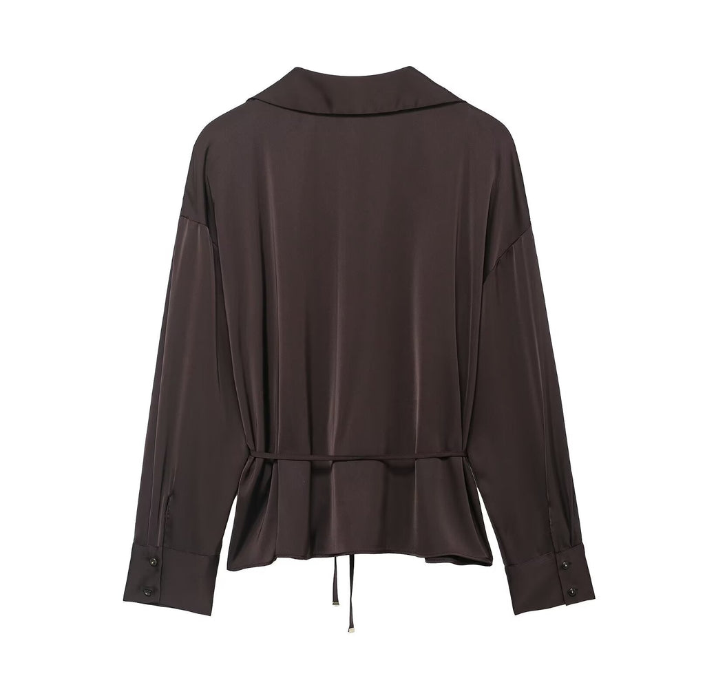 Women Clothing Summer All Matching with Belt Silk Satin Textured Shirt Bella Mia
