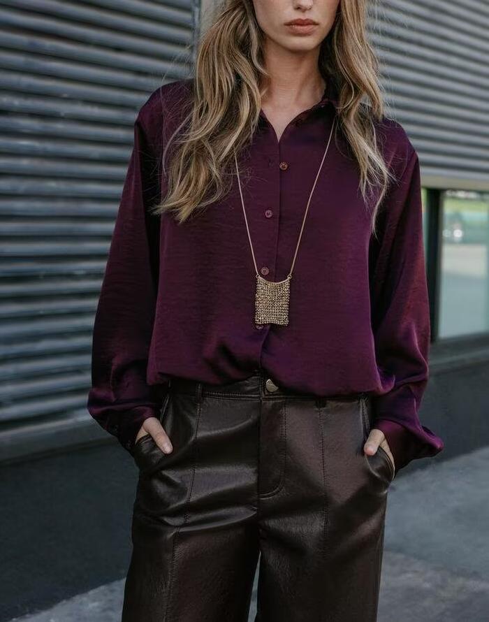 Women Clothing Autumn Retro Easy Matching Wine Red Satin Short Shirt Bella Mia