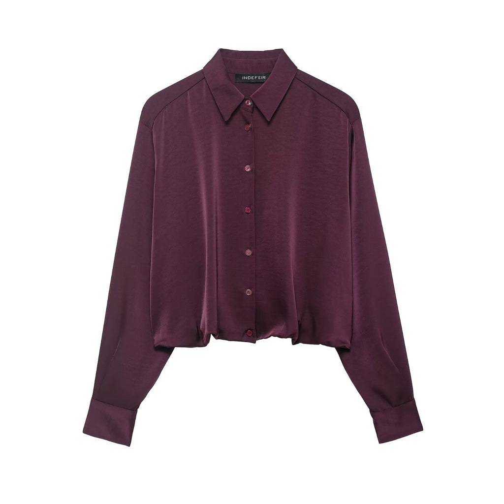 Women Clothing Autumn Retro Easy Matching Wine Red Satin Short Shirt Bella Mia