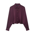 Women Clothing Autumn Retro Easy Matching Wine Red Satin Short Shirt Bella Mia