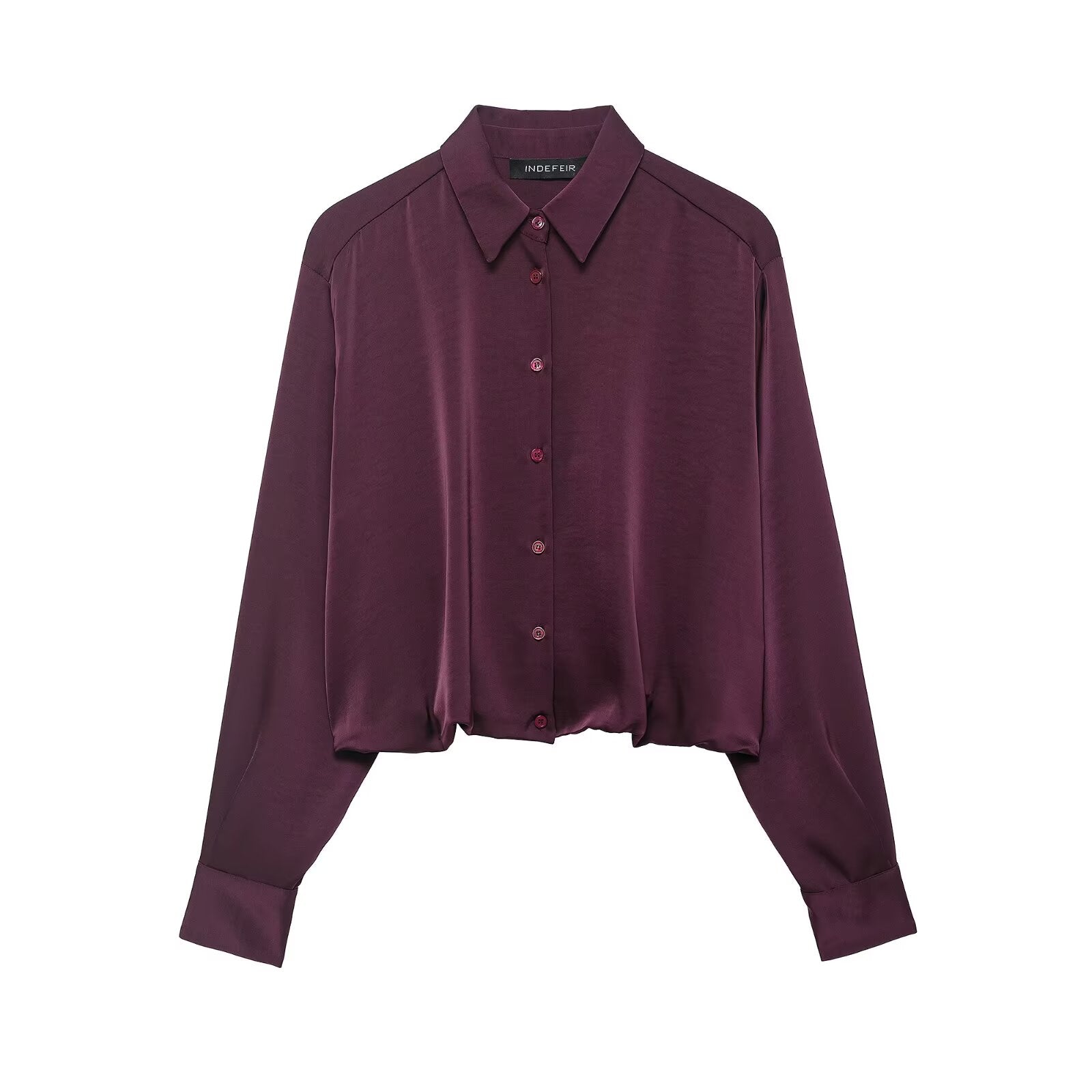 Women Clothing Autumn Retro Easy Matching Wine Red Satin Short Shirt Bella Mia