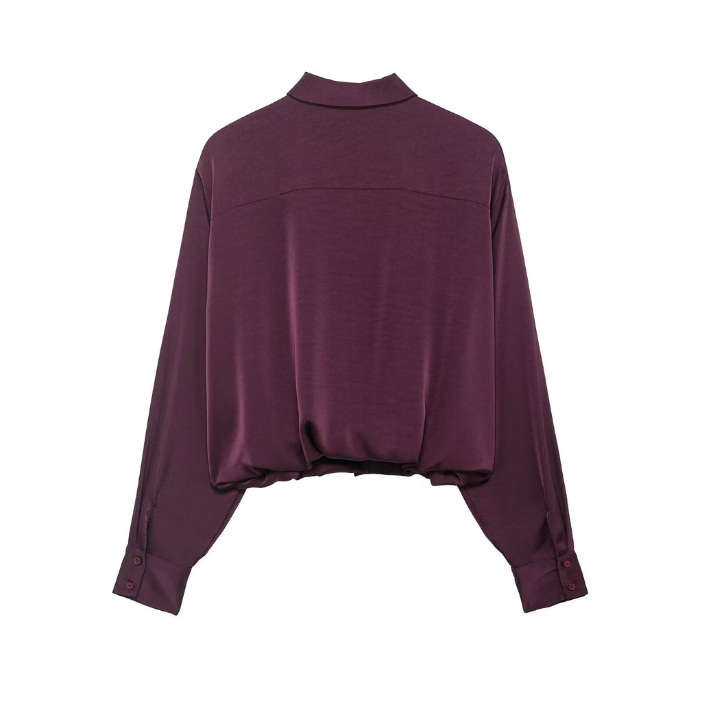 Women Clothing Autumn Retro Easy Matching Wine Red Satin Short Shirt Bella Mia