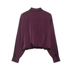 Women Clothing Autumn Retro Easy Matching Wine Red Satin Short Shirt Bella Mia