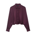 Women Clothing Autumn Retro Easy Matching Wine Red Satin Short Shirt Bella Mia
