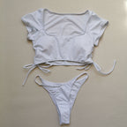 New Sexy Short Sleeved Bikini Split Swimsuit Women Solid Color Nylon Swimsuit Bella Mia