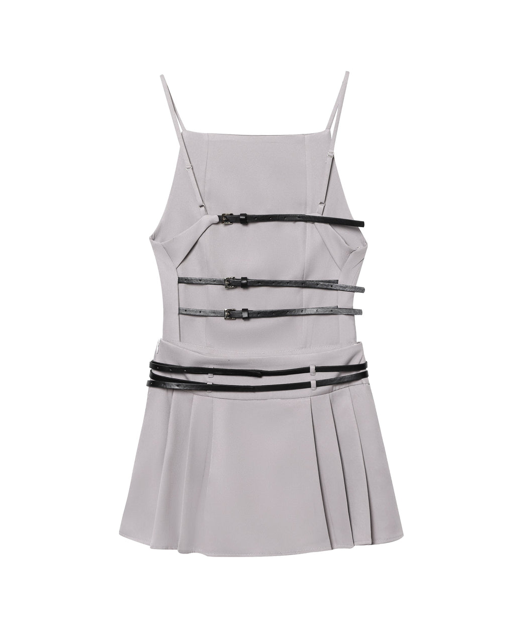 Women Simple Short Gray Belt Backless Pleated Dress