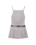 Women Simple Short Gray Belt Backless Pleated Dress