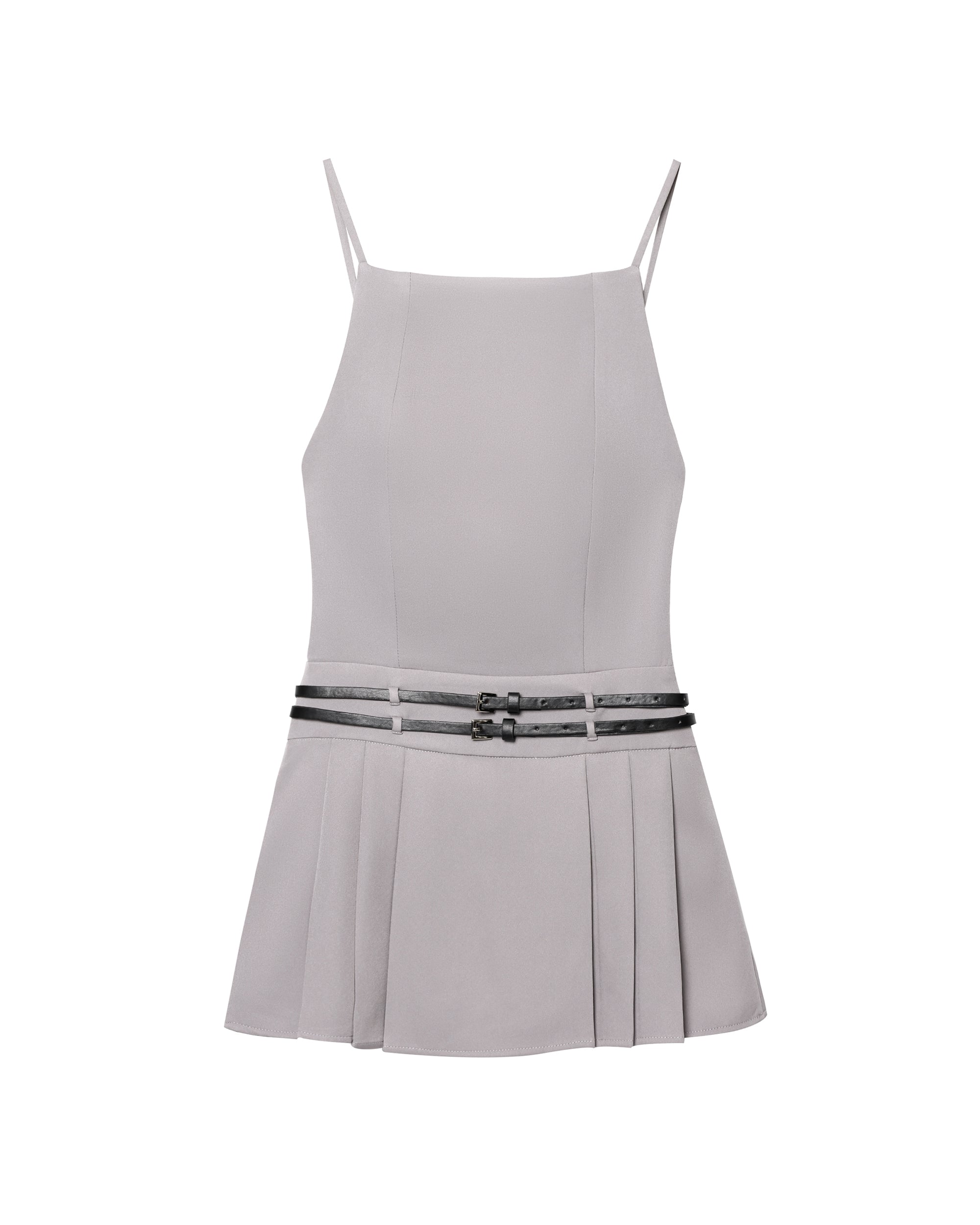 Women Simple Short Gray Belt Backless Pleated Dress