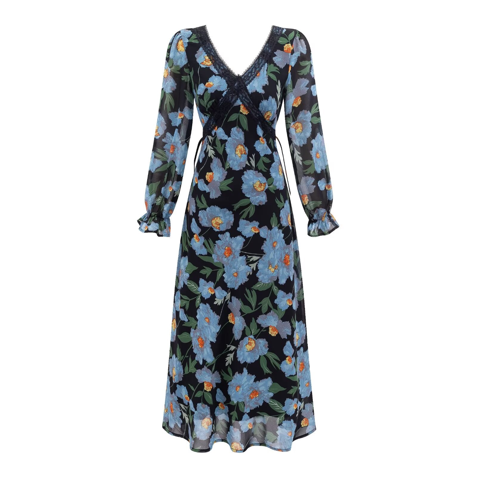 Summer Romantic Elegant Elegant Elegant Lace Stitching Printing V neck Long Sleeve Dress