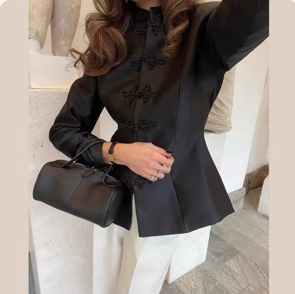 Spring Summer Chinese Coat Black Buckle Chinese Knot Waist Jacket Bella Mia