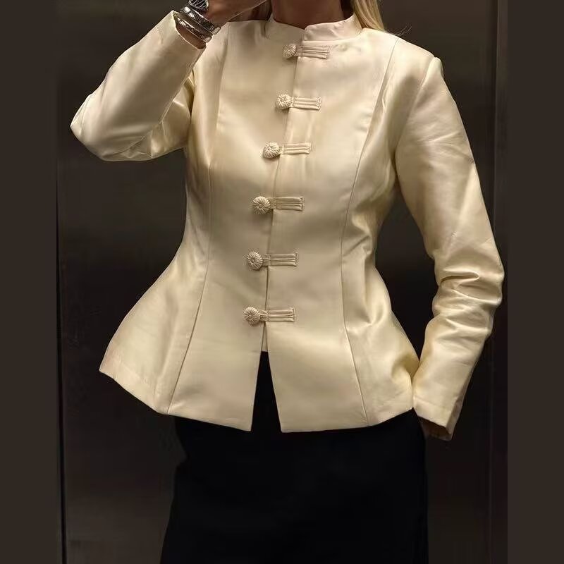 Women Clothing Stand Collar Buckle Satin Jacket Waist Trimming Coat Bella Mia