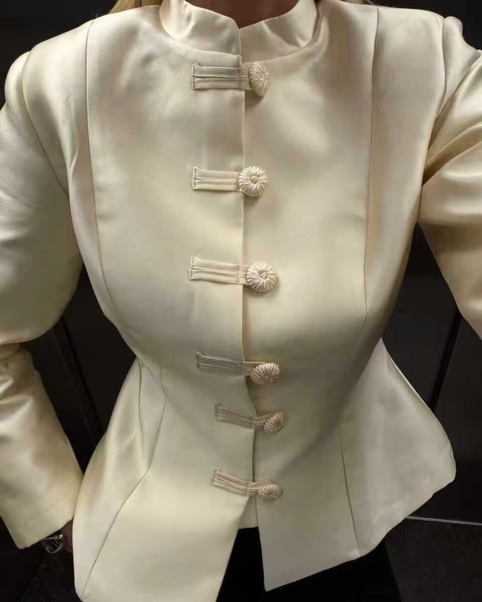 Women Clothing Stand Collar Buckle Satin Jacket Waist Trimming Coat Bella Mia