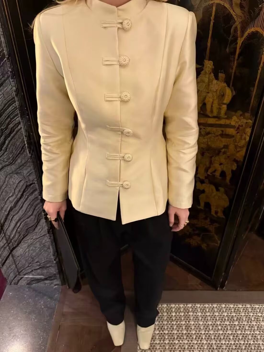 Women Clothing Stand Collar Buckle Satin Jacket Waist Trimming Coat Bella Mia