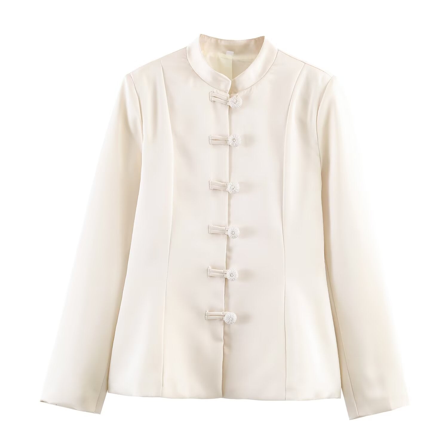 Women Clothing Stand Collar Buckle Satin Jacket Waist Trimming Coat Bella Mia