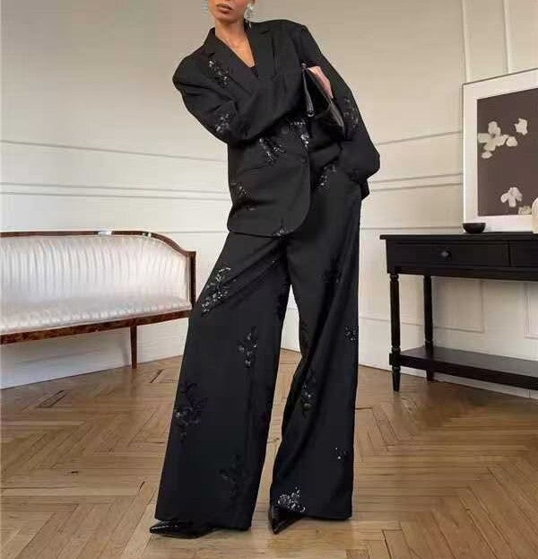 Spring Women Clothing Embroidered Sequ Striped Work Pant Two Piece Sets Bella Mia