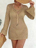 Women Beach Dress Beach Cover Up Women Clothing Long Sleeve Sexy Cutout See through Tied Dress Bella Mia