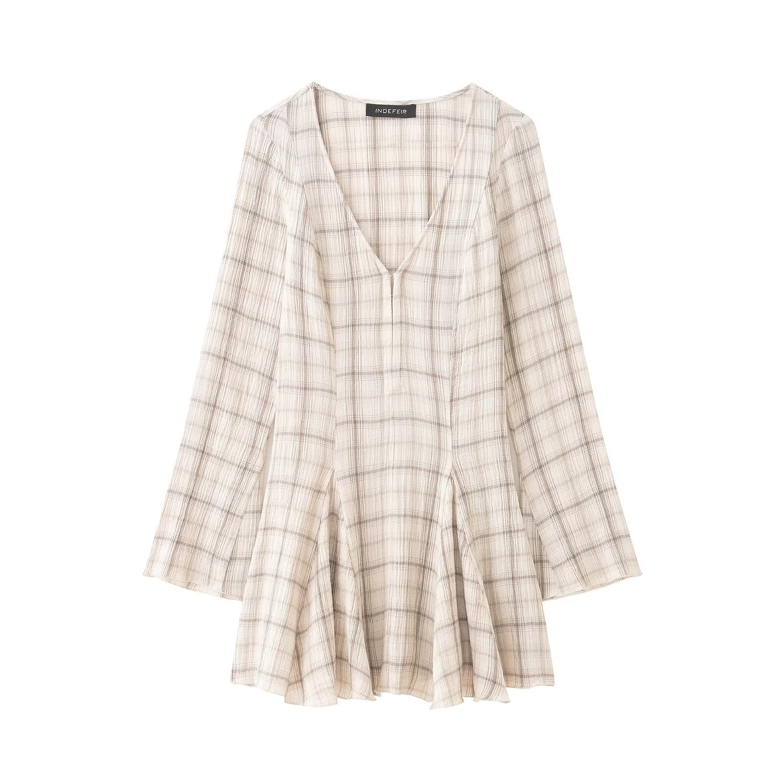 Women Clothing Western Long Sleeve V neck Plaid Short Dress Bella Mia