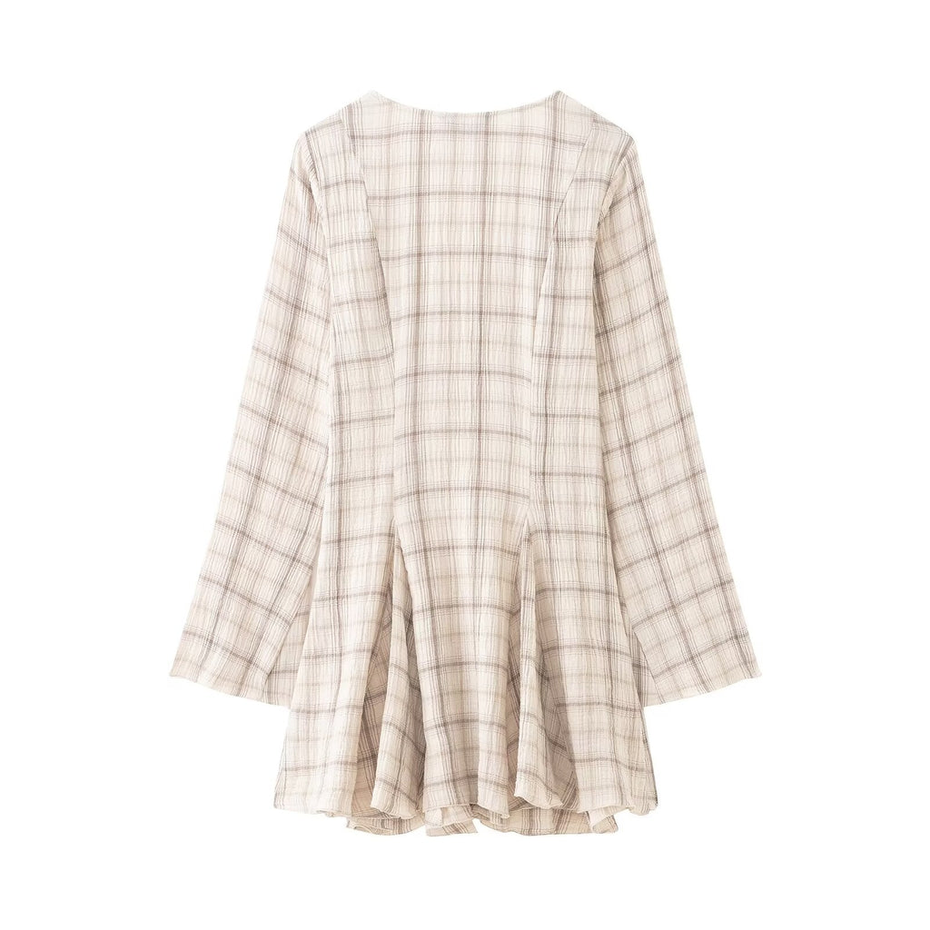 Women Clothing Western Long Sleeve V neck Plaid Short Dress Bella Mia