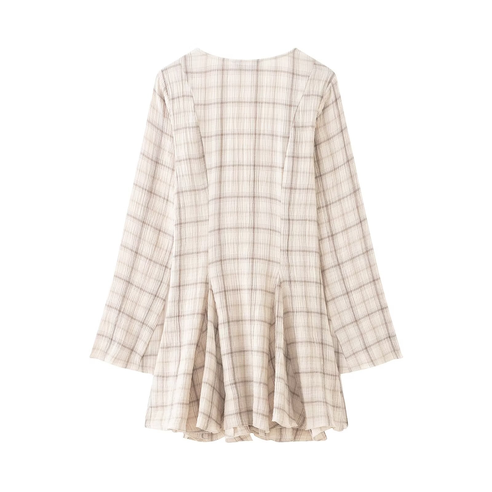 Women Clothing Western Long Sleeve V neck Plaid Short Dress Bella Mia