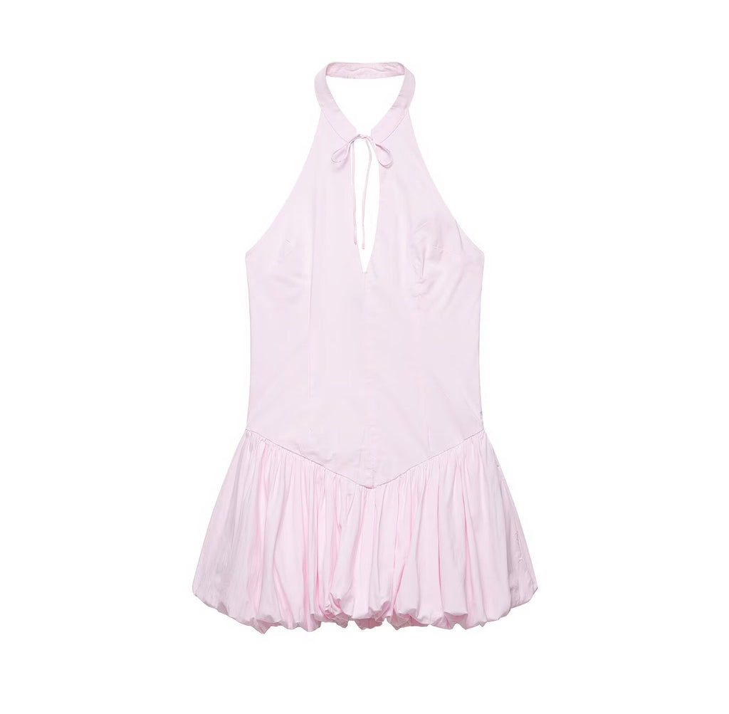 Women Clothing Summer Poplin Hanging Collar Balloon Short Dress