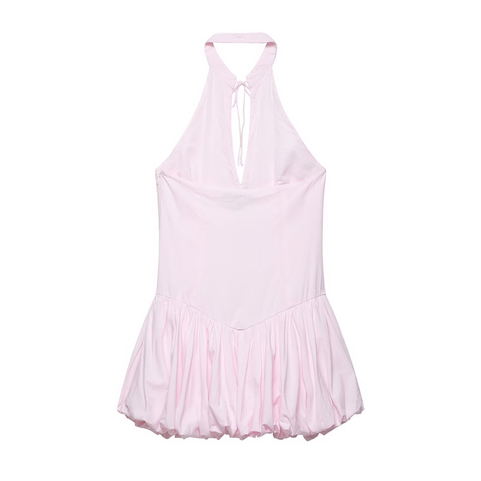 Women Clothing Summer Poplin Hanging Collar Balloon Short Dress