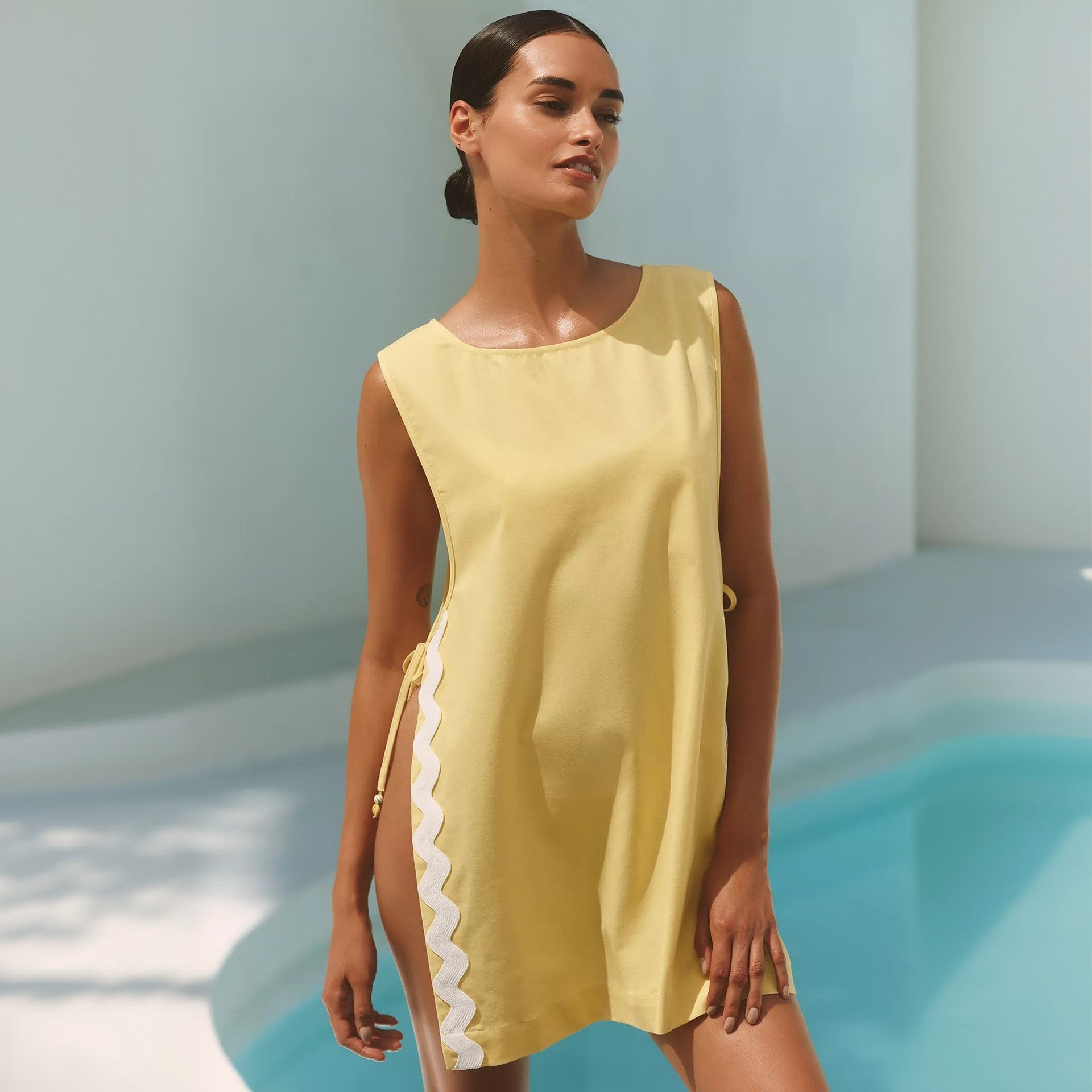 Solid Color Sexy Slit Sleeveless Beach Cover up Bikini Swimsuit Beach Shirt Women Short Bella Mia