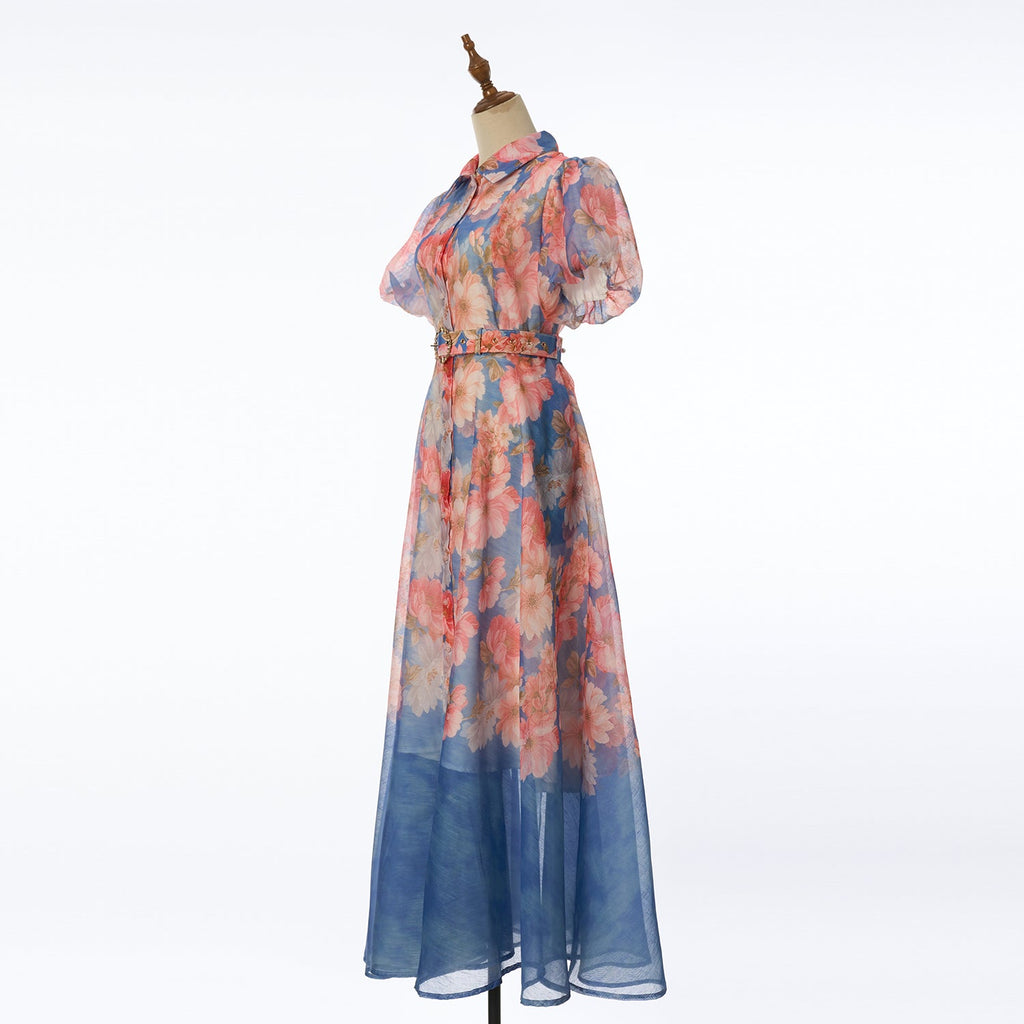 Women Summer Floral Short Sleeved Waist Long Dress