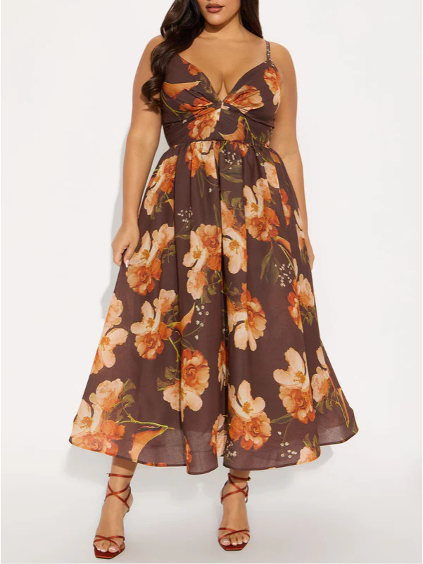 Summer Vacation Casual Spaghetti Strap Floral Print Slim Fit Large Dress Women Clothing Tea Break Dress