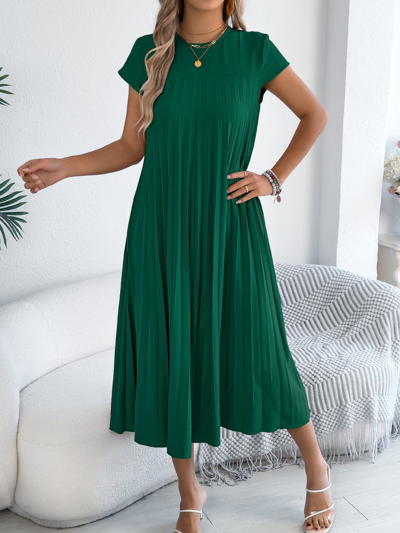 Women Clothing Spring Summer Casual Loose Short Sleeves Pocket Pleated Dress（No Belt）