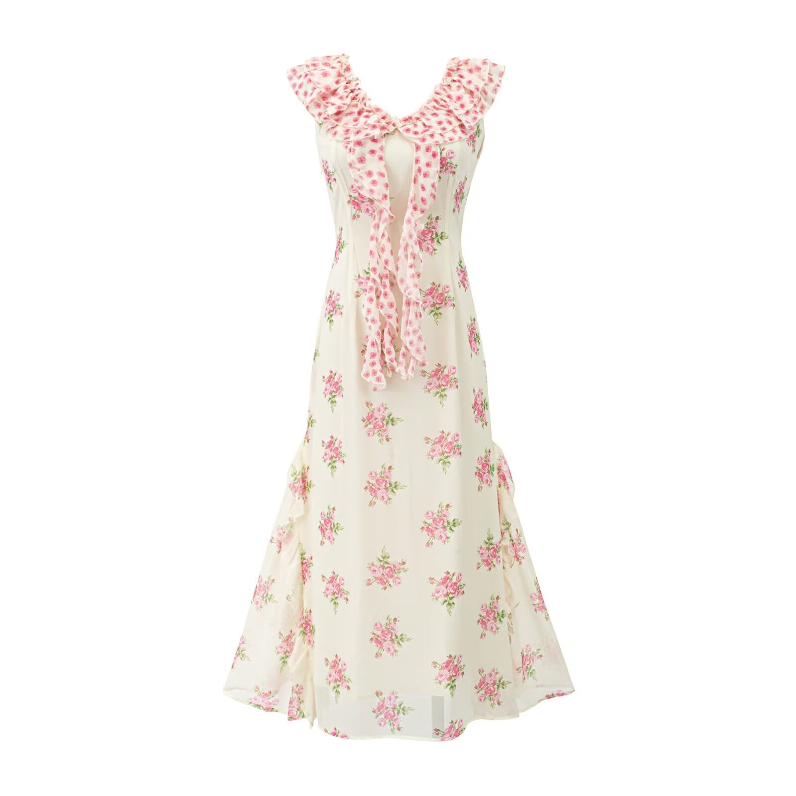 Sweet Elegant Pink Floral Ribbon Dress Summer Tight Waist Slimming Flounce Beautiful Dress