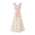 Sweet Elegant Pink Floral Ribbon Dress Summer Tight Waist Slimming Flounce Beautiful Dress