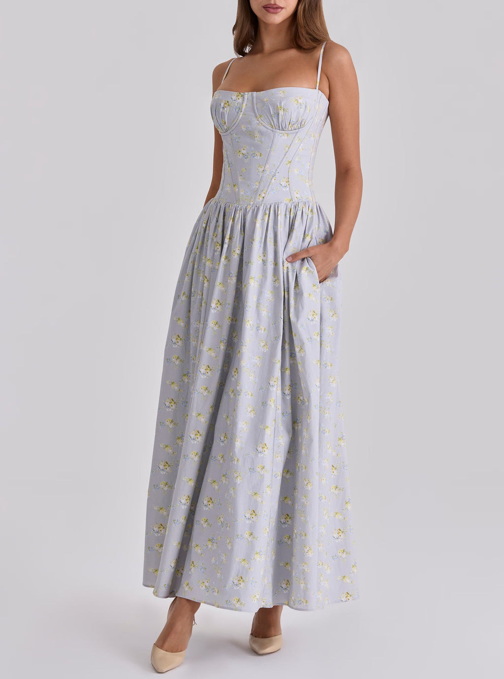 Retro Elegant Floral Pastoral Lace up Waist Controlled Strap Dress Long Dress