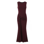 Women Clothing Summer Irregular Asymmetric Slim Fit Ruched round Neck Sleeveless Dress Bella Mia