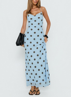 Gentle Elegant Pink Polka Dot Brace Dress Women Vintage Backless Lace up Design Tight Waist Maxi Dress Bella Mia