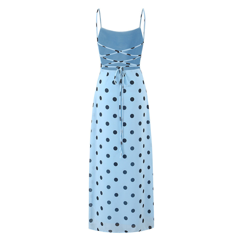 Gentle Elegant Pink Polka Dot Brace Dress Women Vintage Backless Lace up Design Tight Waist Maxi Dress Bella Mia