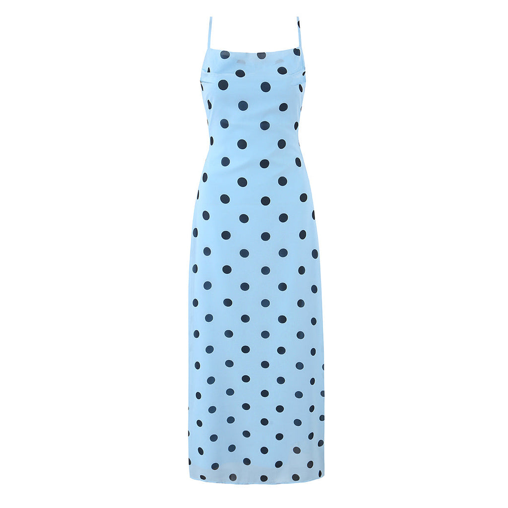 Gentle Elegant Pink Polka Dot Brace Dress Women Vintage Backless Lace up Design Tight Waist Maxi Dress Bella Mia
