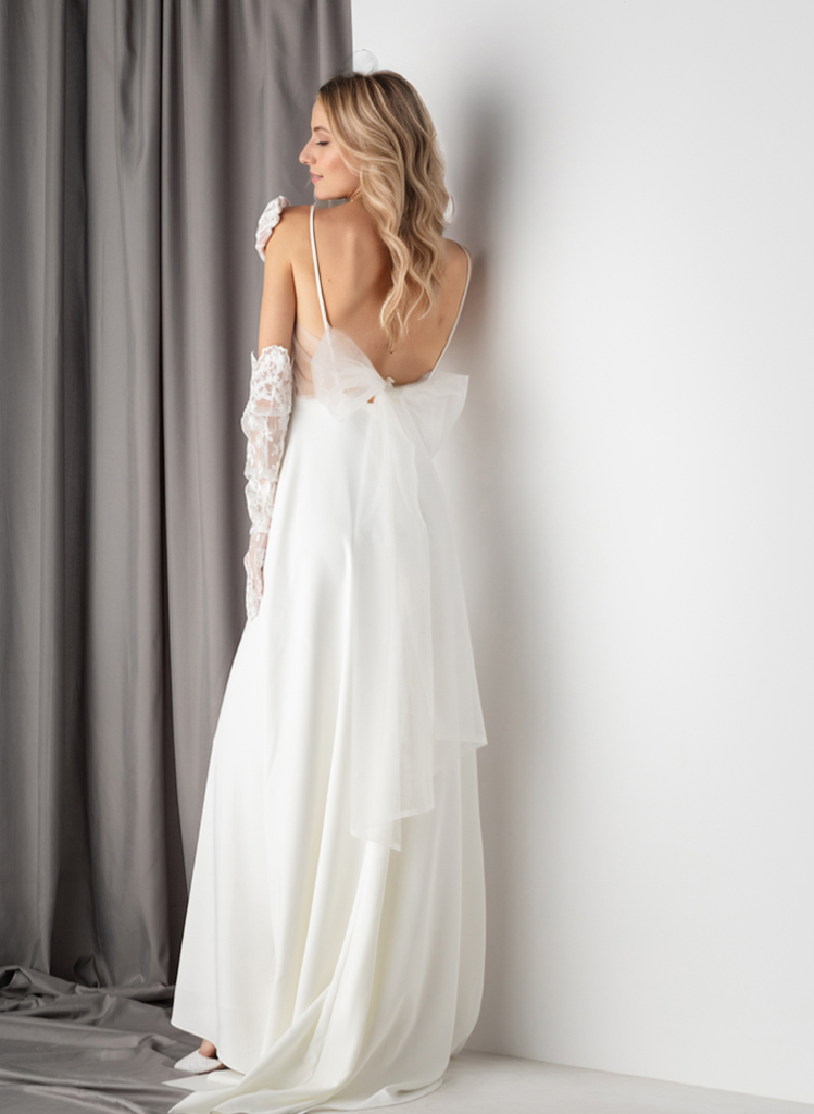 Minimalist Satin Wedding Dress with Delicate Bow Back & Sheer Gloves SelenaHuanStudio