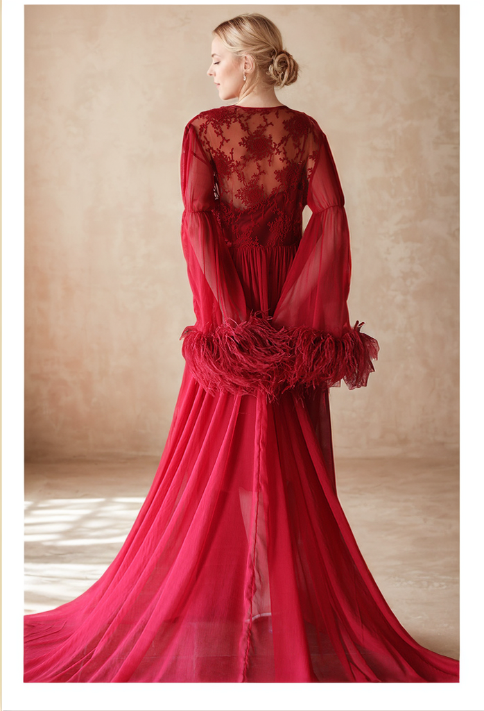 Ethereal Lace & Feather-Trimmed Sheer Bridal Robe – Vintage Luxury Loungewear SelenaHuanStudio