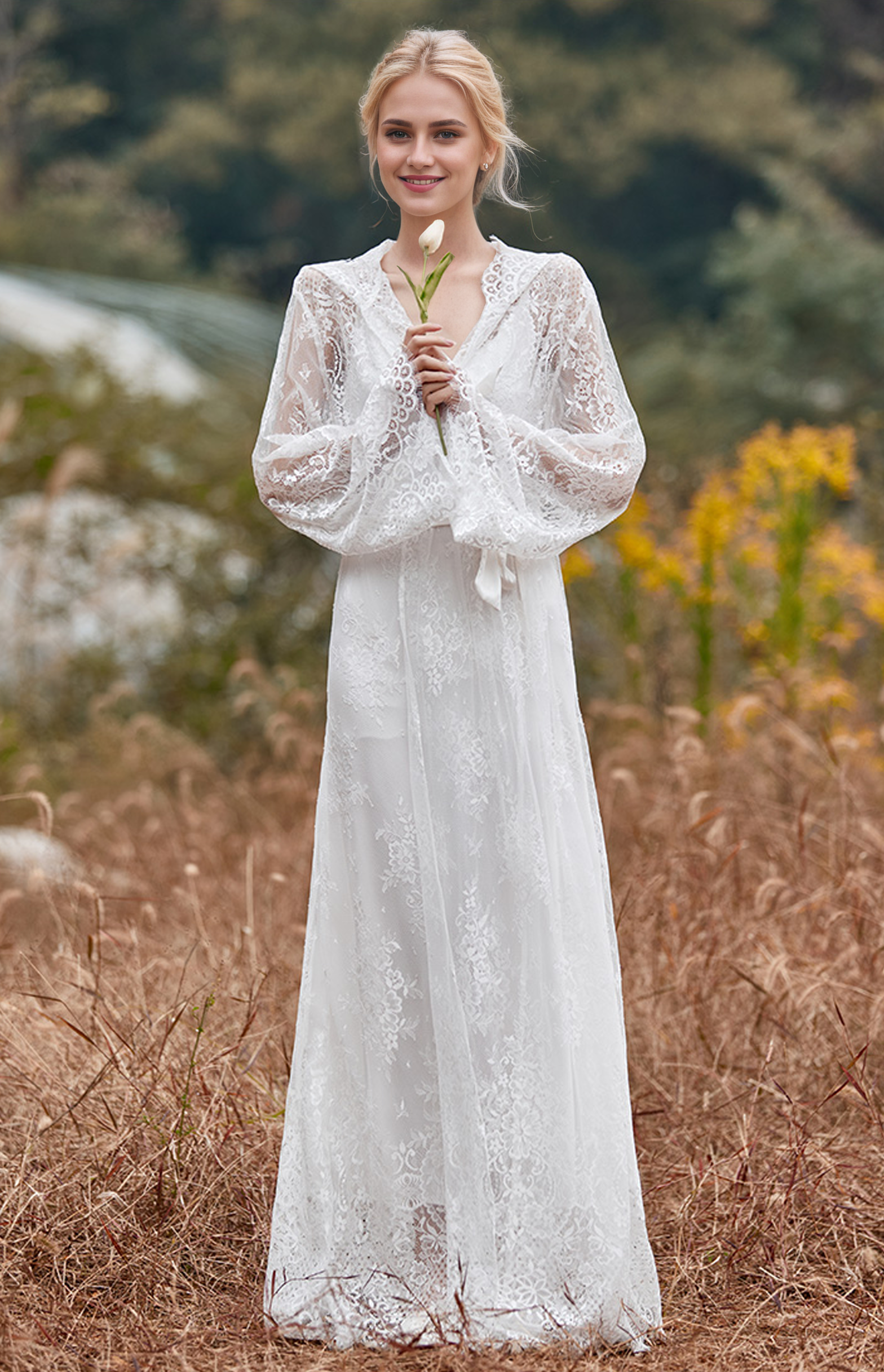 Romantic Floral Lace Hooded Bridal Robe Set – Long Sheer Lace Cover-Up with Satin Slip SelenaHuanStudio